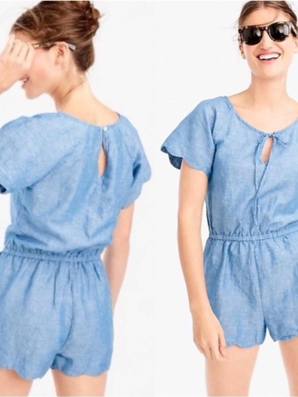 J.Crew Linen Blend Scalloped Romper Chambray Blue Size M